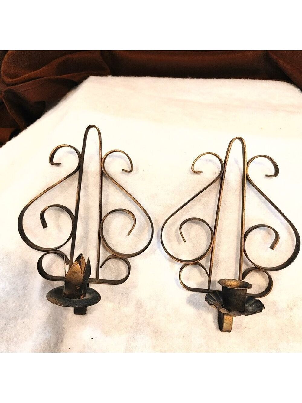 Gold Tone Wrought Iron Wall Candle Sconces - Set of 2